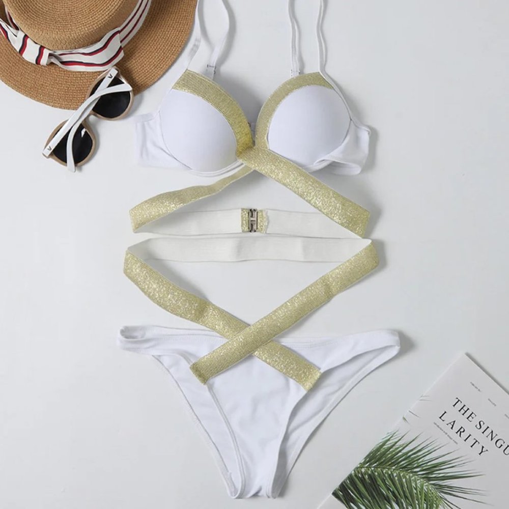 White Foil Crossover Detail Push up Bikini - Picture 5 of 6